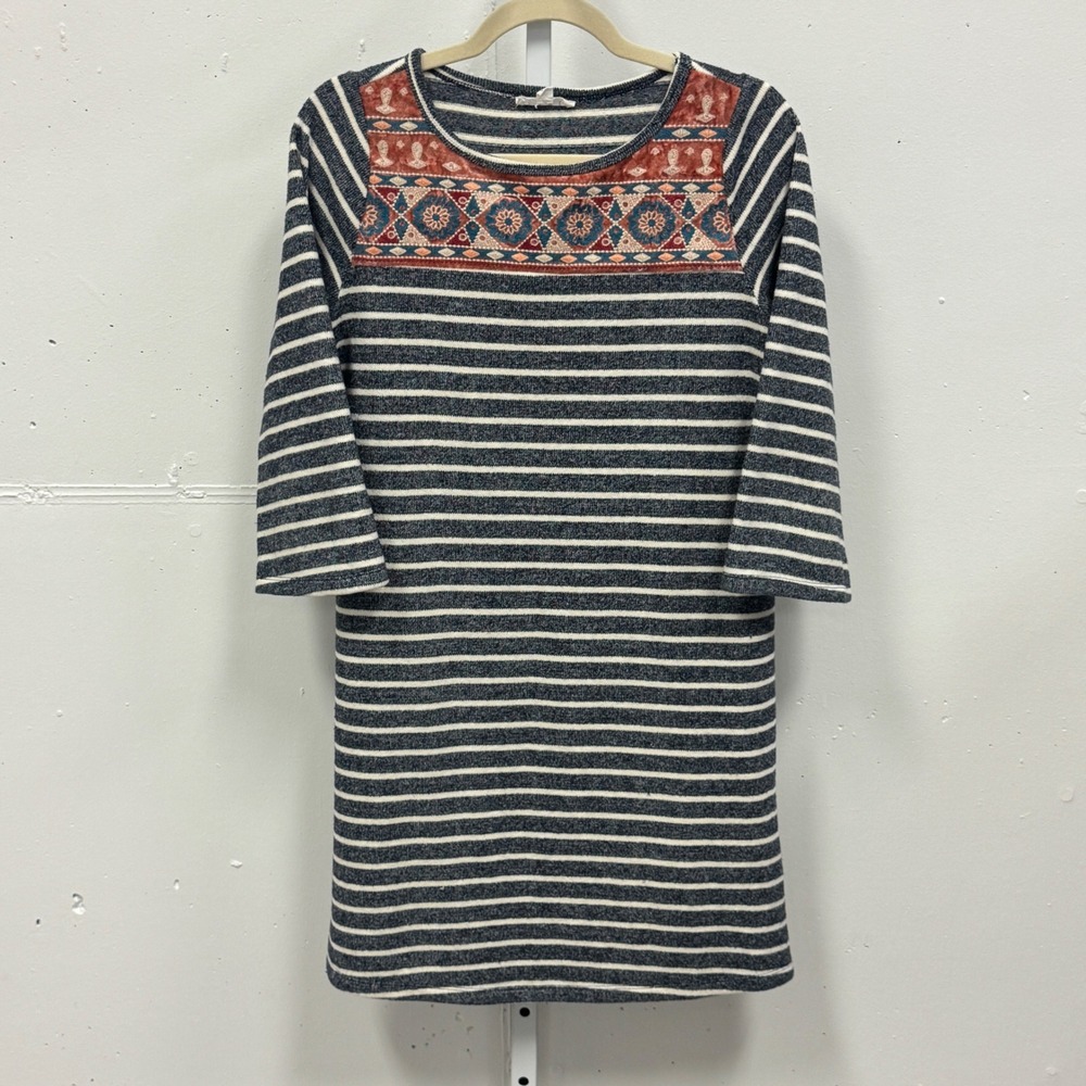 THML Striped Knit Shift Dress Navy White Embroidered Yoke Boho FTM324 Medium